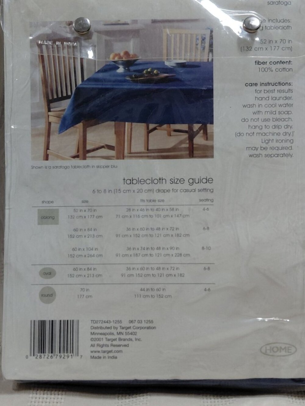NOS Fabric Tablecloth Saratoga Oblong 52 X 70 In Skipper Blue 100% Cotton - Picture 5 of 6
